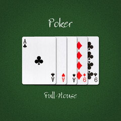 Full house on a dark green poker background. Poker combinations.Poker Hands. Gambling