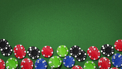 Poker chips on the green table. Top View.Copy space. Gambling concept.