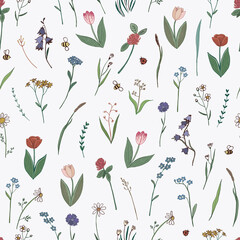 Field simple flowers line graphic vector seamless pattern