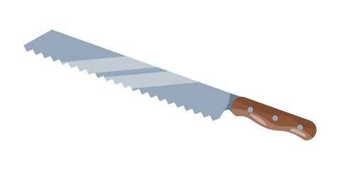 Kitchen sharp knife with wooden handle, with serrated blade. Vector image.