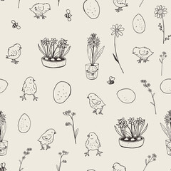 Easter eggs and baby chicken, flowers vector seamless pattern