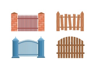 Set of stone, metal and wooden fences. Vector image.