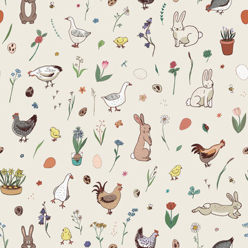 Easter rabbits, eggs, chickens, chicks, flowers, geese seamless pattern