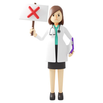 Cartoon character 3d illustration of a female doctor holding  an incorrect mark plank sign.medical hospital clinic illustration concept. Isolated on white