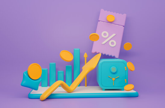 Growth stock chart up statistics, asset growth over time. Phone, arrow, coins, envelope, safe box, coupon,graph. Positive trend. The growth of the world economy. 3d rendering illustration on purple bg