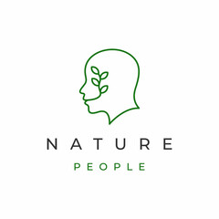 Line art Human head with leaf nature natural air logo design vector icon illustration