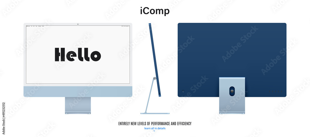 Poster computer monitor blue color with blank screen saver front, back and side view isolated on white back