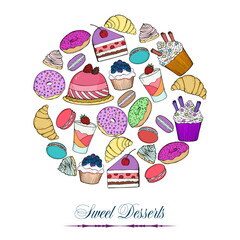 Sweet food Desserts Doodle Set. Collection of Pasticceria Food hand drawn.