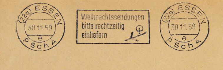 briefmarke stamp vintage retro alt old gebraucht used frankiert gestempelt papier paper weihnachten christmas xmas post letter mail braun brown kerze ast essen 1959 november