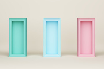 box frame platform and podium soft pink green blue pastel stand product minimal display advertisement cute sweet background kid concept. Place fashion and cosmetic or beauty products. 3D Illustration.