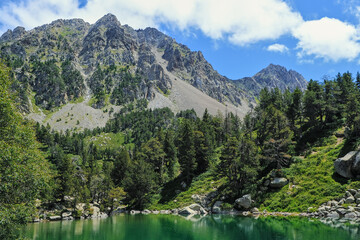 View of a lake in the Pyrenees mountains