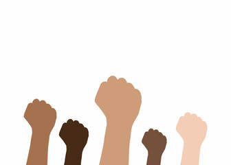 Set of silhouettes hands raised with clenched fists on white background. Symbol of protest and revolution. Human rights, feminism, equality concept. People of color. Black lives matter movement.Vector
