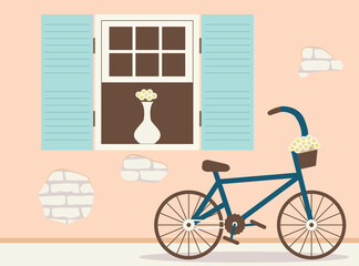 Bicycle in front of open window vector illustration in flat style