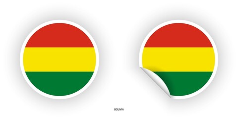 Bolivia sticker flag set in circle shape and circle with peel off at the corner on white background.
