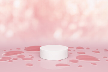 Fototapeta na wymiar stage podium stand pink pastel with rain pink water drop behind it is a bokeh background. platform for advertising beauty products such as cosmetics, skin care beauty and fashion. 3D illustration.