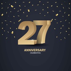 Anniversary 27. gold 3d numbers. Poster template for Celebrating anniversary event party. Vector illustration - Vector