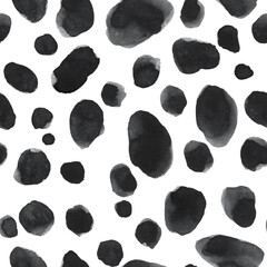 Seamless repeatable pattern with black Dalmatian spots on white backdrop. Hand painted watercolor graphic drawing for design decoration, textile, fashion print, poster, scrapbooking, wrapping paper. - 495234964
