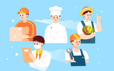 People of various professions gathered together, vector illustration, Chinese translation: happy labor day