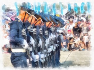 Fototapeta na wymiar Troops parade in celebration watercolor style illustration impressionist painting.