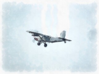 Airplanes displayed at the air show watercolor style illustration impressionist painting.