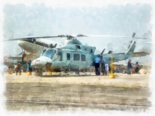 Airplanes displayed at the air show watercolor style illustration impressionist painting.