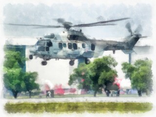 Fototapeta premium Airplanes displayed at the air show watercolor style illustration impressionist painting.