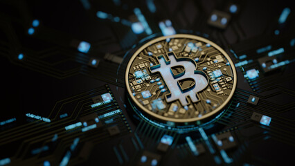 Bitcoin virtual cryptocurrency blockchain technology digital currency money gold coin exchange market future global network connections. BTC mining crypto symbol mainboard futuristic.3d rendering.