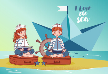 Cute boy and girl sitting on a suitcase and playing with toy sailing boat. Travel vector concept
