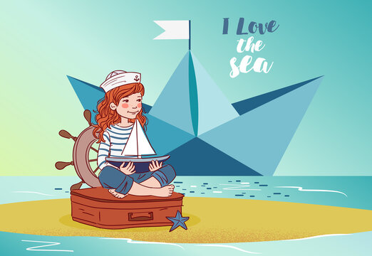 Cute girl sitting on a suitcase and playing with toy sailing boat. Travel vector concept
