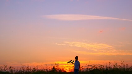 A teenage boy in the rays of the setting sun has fun playing with an airplane in the backyard. Dreams of becoming a pilot and flying like a bird. Children's happy life