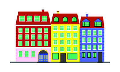 City life. Colorful houses in the Scandinavian style. Landscape with building facades. Vector illustration isolated on white background