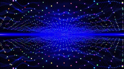 Colorful Technology Wave Rhytmic Tunnel Background. Colorful audio reacting particles. Audio beat react sound equalizer. Pulsing flickering background. audio reactive. For event, concert, stage. VJ s.