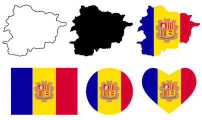 Principality of Andorra map flag icon set isolated on white background - obrazy, fototapety, plakaty