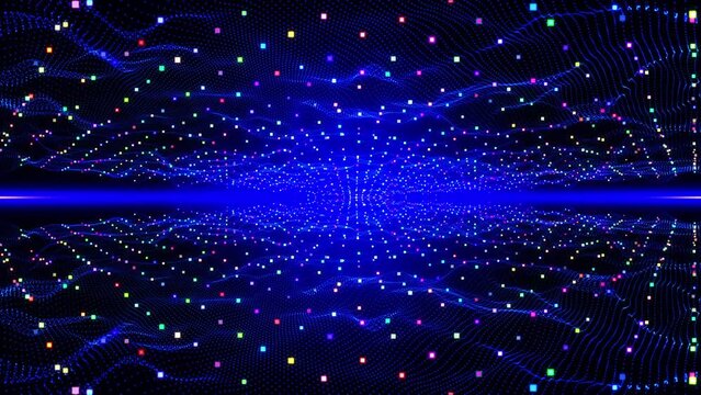 Colorful Technology Wave Rhytmic Tunnel Background. Colorful audio reacting particles. Audio beat react sound equalizer. Pulsing flickering background. audio reactive. For event, concert, stage. VJ s.