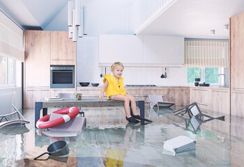 Boy playing On Table While Flooding in the kitchen.
