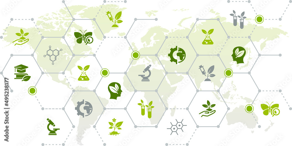 Wall mural environmental science vector illustration. green concept with icons on biotech / biochemistry / micr