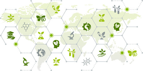 Environmental science vector illustration. Green concept with icons on biotech / biochemistry / microbiology, molecular sciences, worldwide / global medical research, biotechnology, herbal medicine. - obrazy, fototapety, plakaty