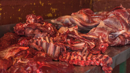 Organic wild venison from a deer. Raw deer red meet. Butchering and Processing Wild Game Deer Meat.