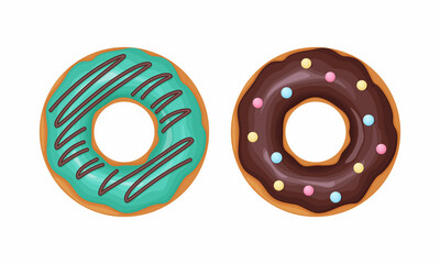 Donut. A collection of donuts decorated with icing and chocolate. Sweet dessert, vector illustration isolated on white background