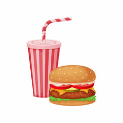 Fast food. A burger and a carbonated drink. Hamburger with a glass with a straw. Vector illustration isolated on a white background