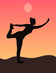 Fototapeta na wymiar A silhouette of a woman standing in dancer yoga position, meditating against sunrise sky. Flat vector illustration