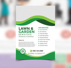 Lawn and gardening service flyer design template. Tree and gardening service poster leaflet design. lawnmower flyer template