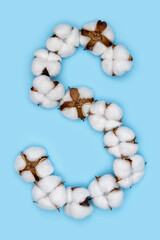 Letter S made of cotton flowers and isolated on solid blue background. Floral alphabet concept. One letter of the set of cotton font easy to stacking.