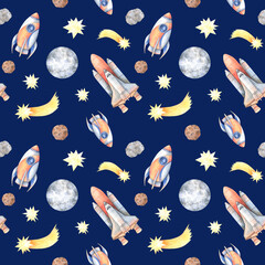 Seamless pattern on the theme of space. Hand drawn watercolor illustration. Astronaut, planets, rocket, stars, meteorites. Image for wallpaper, textiles, kids design, wrapping paper, decor.