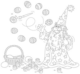 Old wizard with a big beard coloring and decorating Easter gift eggs with a magic flying paintbrush and bright paints, black and white vector cartoon illustration for a coloring book