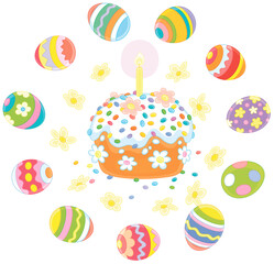 Fancy sweet holiday cake with sugar icing, a small burning candle and colorfully decorated Easter gift eggs, vector cartoon illustration isolated on a white background