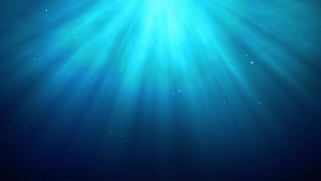 Underwater Sun Rays of Deep Blue Ocean Background. Shiny Lights Thought Calm Water Surface. Deep Sea Scene. Wide View, 4k Under Water Video 