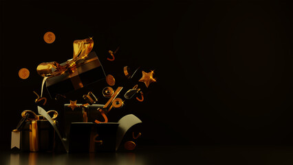 3d minimal scene open black gift box realistic. black friday. merry christmas. 3d rendering illustration
