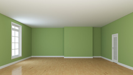 Empty Room Interior Concept with Green Walls, White Window and a White Door. Light Parquet and a White Plinth. Perspective View. High Quality 3D illustration with a Work Path on Window. 8K Ultra HD