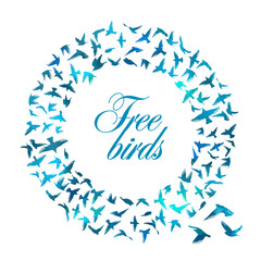 Round frame of flying blue birds. Vector illustration . Vector illustration, design templates. Birds in a flat style, a place for text.